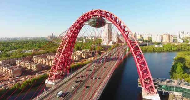 Gün Batımında Moskova Rusya Zhivopisniy Köprüsü Hava Yukarıdan Görüntülemek — Stok video