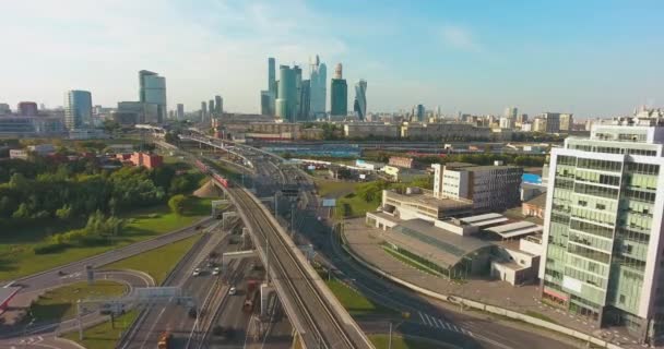 Moscow Ryssland Flyg Över Moskva Skyskrapor Moskva Motorväg Och Järnväg — Stockvideo
