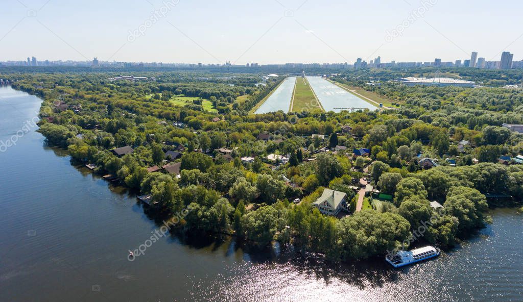 Moscow River and Rowing (Grebnoy) Canal, Russia. Aerial photography