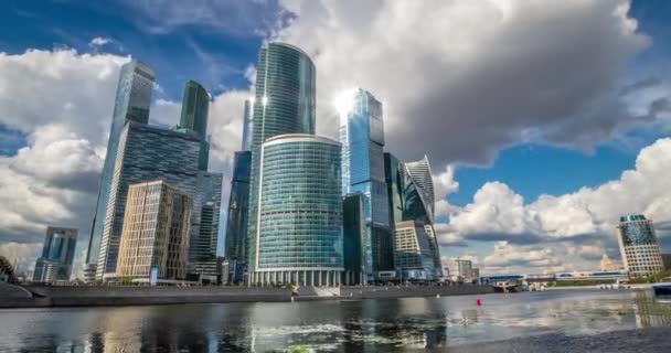 Moscow City Russia Main Skyscrapers Capital Reflected Moscow River Clouds — Stock Video