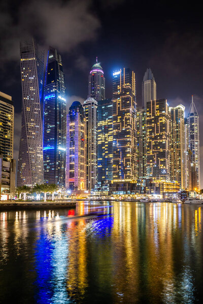 2020/02/28, Dubai Marina Bay skyscrapers skyline at night, UAE