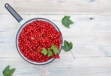 Ahşap masa üzerinde bir kevgir içinde kırmızı kuş üzümü