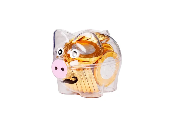Banco Piggy Plástico Transparente Com Moedas Chocolate Isolated Branco — Fotografia de Stock