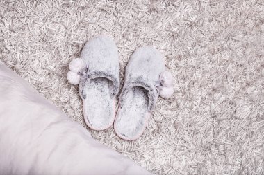 Sıcak kadın terlik tüylü halı üzerinde çift