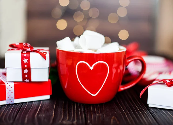 Delicious Homemade Hot Chocolate Marshmallow Big Red Cup Christmas Decoration — Stock Photo, Image