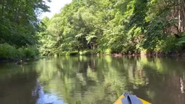 Yazın nehirde tekne gezintisi. Orman nehri Isloch, Belarus.