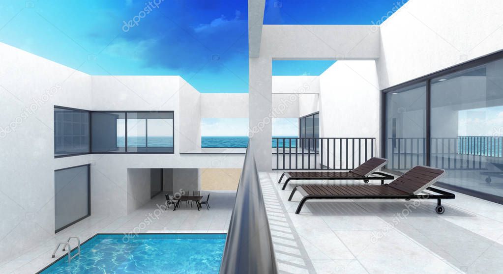 summer private house with pool and terrace, private seaside vacation rest 3D rendering