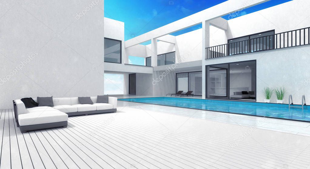 summer villa residence with pool, private seaside vacation rest 3D rendering