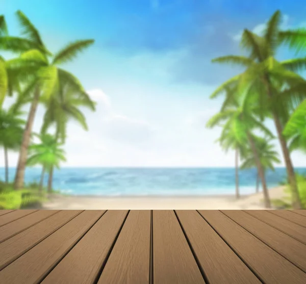 Wooden Deck Tropical Palms Background Vacation Sea Background Illustration — Stock Photo, Image