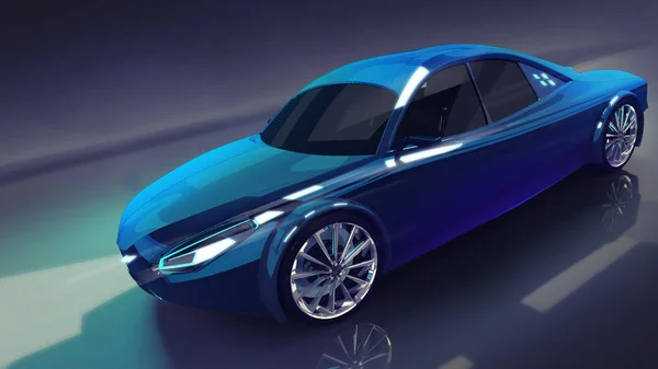 blue elegant car on dark illuminated background, 3D rendering, car design concept of my own