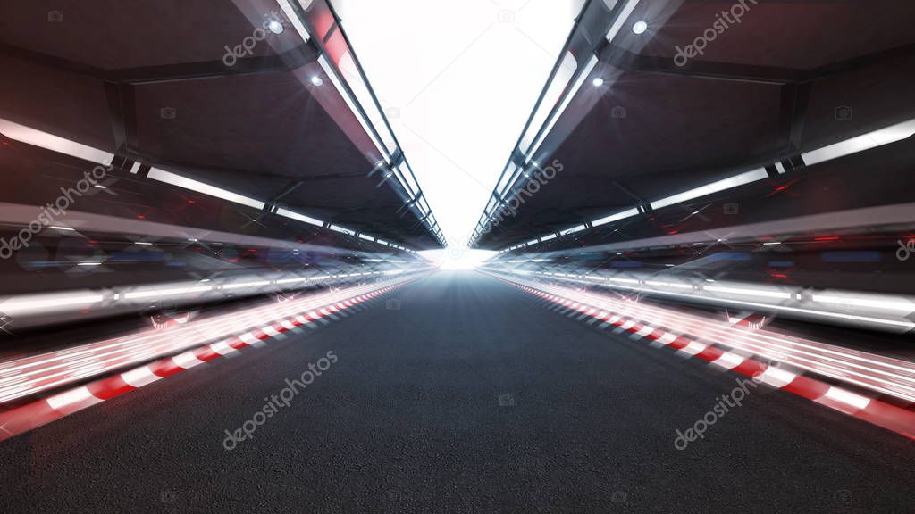 illuminated race track with shiny lights and motion blur, racing sport background rendering 3D illustration