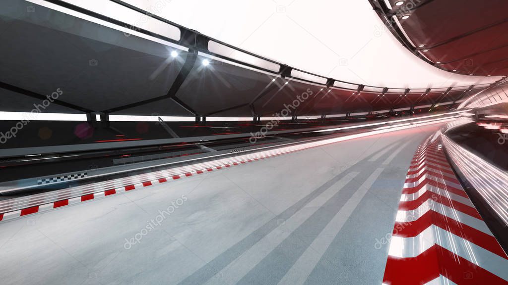 curved race track with speed motin blur, racing sport background rendering 3D illustration