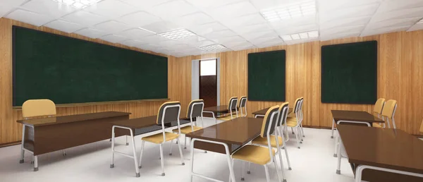 Madeira Moderna Sala Aula Interior Com Mesas Cadeiras Educação Ilustração — Fotografia de Stock