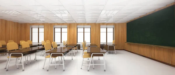 wooden modern classroom interior side view, education 3D illustration