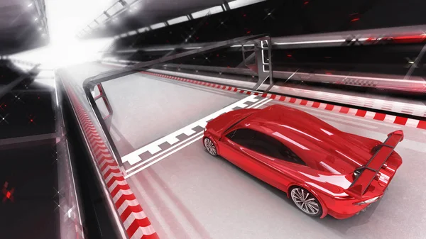 Red Sport Car Rides Finish Line Racing Sport Car Rendering — Stock Photo, Image