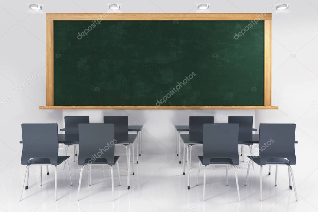 classic class room with blackboard and ceiling lights , education 3D render illustration template