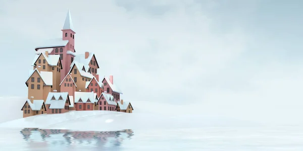 村庄与教会在顶部与水反射 冬天季节性农村3D — 图库照片