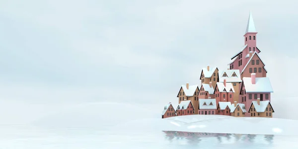 Wieś Kościołem Górze Obok Jeziora Zima Sezonowy Wiejski Ilustracja — Zdjęcie stockowe