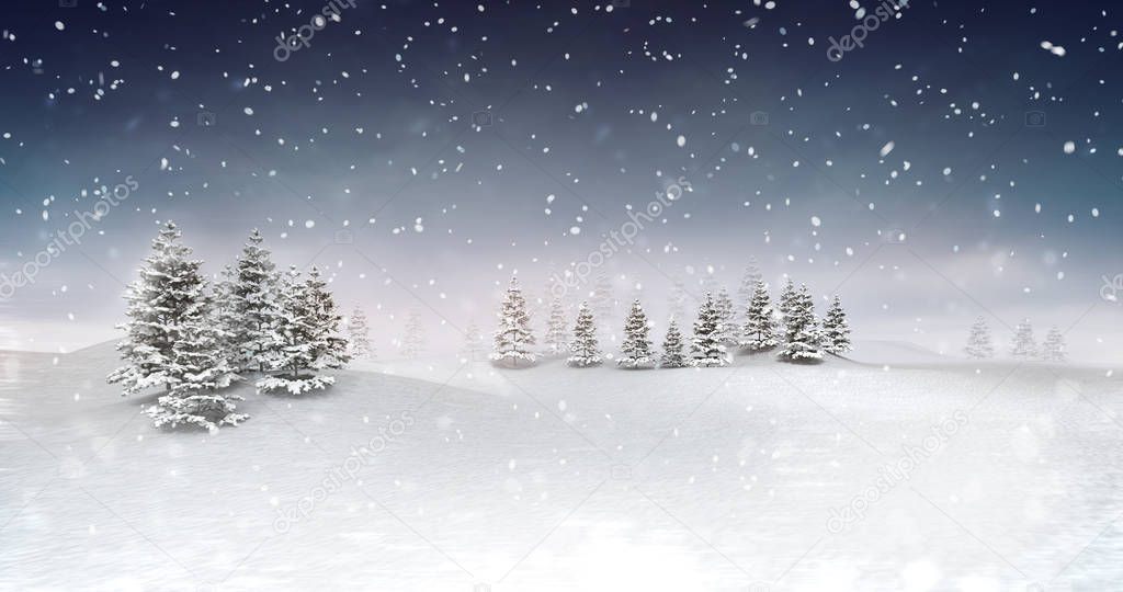 winter seasonal landscape at snowfall at evening, snowy calm nature 3D illustration render