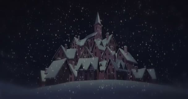 Vieux Village Avec Église Sur Dessus Nuit Neige Hiver Saisonnier — Video