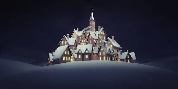 Dorf Mit Kirche Der Spitze Bei Ruhiger Nacht Winter Saisonale — Stockfoto