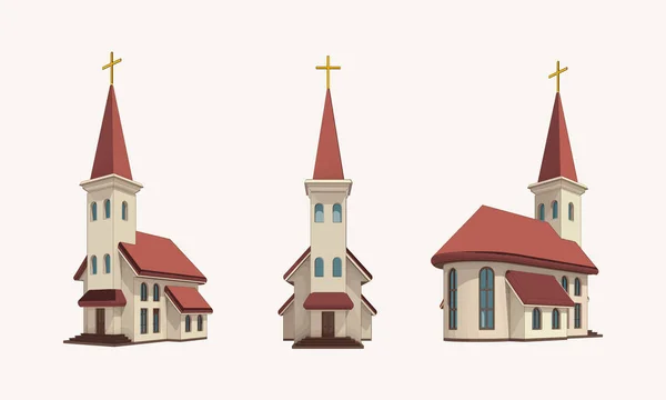 Grupp Tre Kyrkor Med Gyllene Kors Översta Perspektivvyer Religion Arkitekturen — Stock vektor