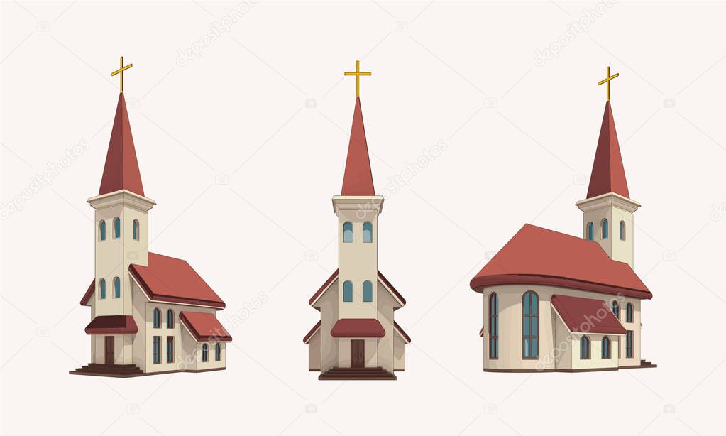 group of three churches with golden cross on the top perspective views, religion architecture vector isolated illustration