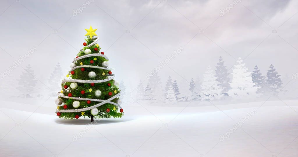Christmas tree in winter natural seasonal scenery, winter seasonal landscape 3d render illustration template