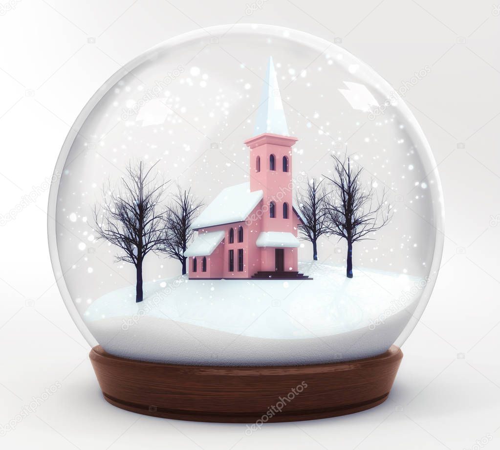 Christian church in snowball decoration isolated on white background, glass ball winter seasonal christmas decoration 3d illustration render 