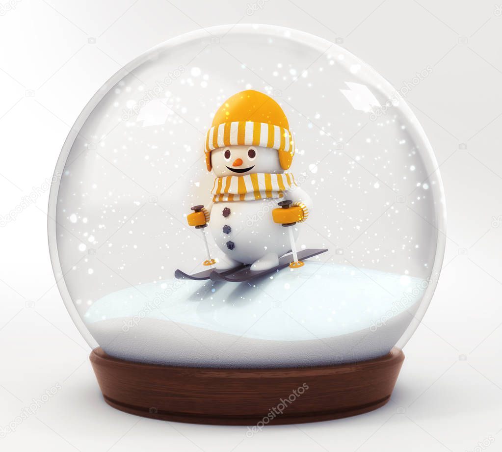 happy snowman with ski in snowball decoration isolated on white background, glass ball winter seasonal christmas decoration 3d illustration render 