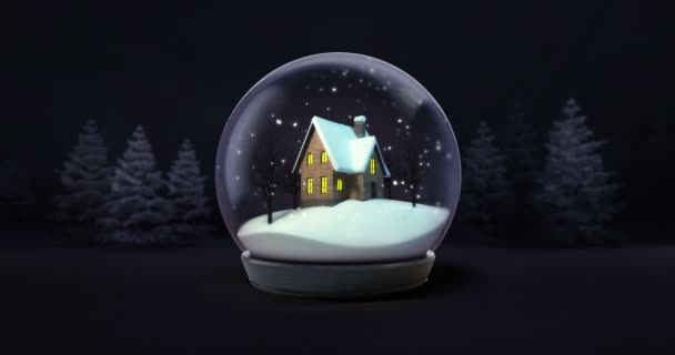 Houten Huis Snowball Sneeuwval Donkere Nacht Bos Animatie Winter Seizoensgebonden — Stockvideo