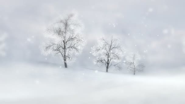 冬季平原与落叶树在强烈的降雪 冬季自然3D 场景背景镜头缩小与白色结束 — 图库视频影像