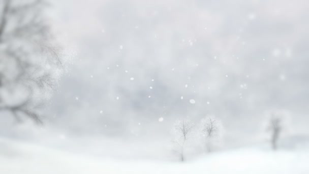 冬季平原与落叶树在降雪 冬季自然3D 场景背景镜头缩小与白色结束 — 图库视频影像