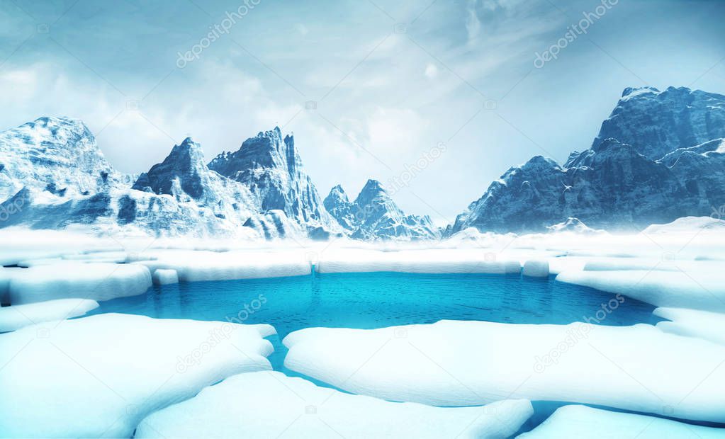 cracked iceberg pieces with big mountains behind background, global warming and environmental conditions 3D illustration render