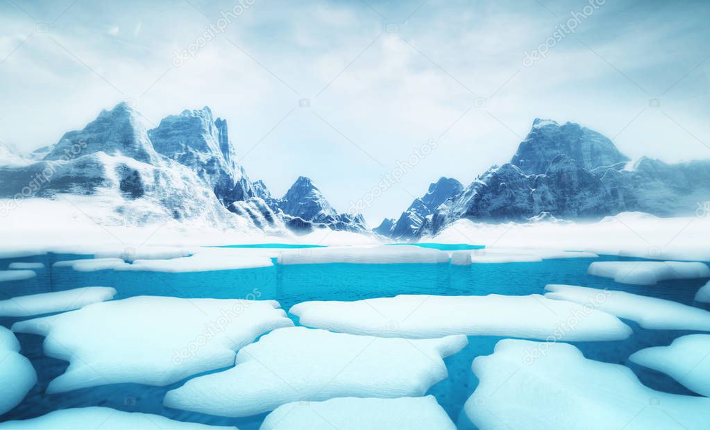 cracked iceberg pieces with big mountains behind background template, global warming and environmental conditions 3D illustration render