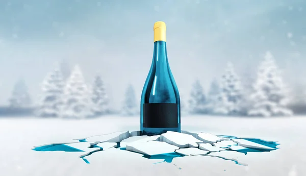 Gekühlte Blaue Flasche Mit Köstlichem Drink Drinnen Auf Gebrochenem Eisboden — Stockfoto