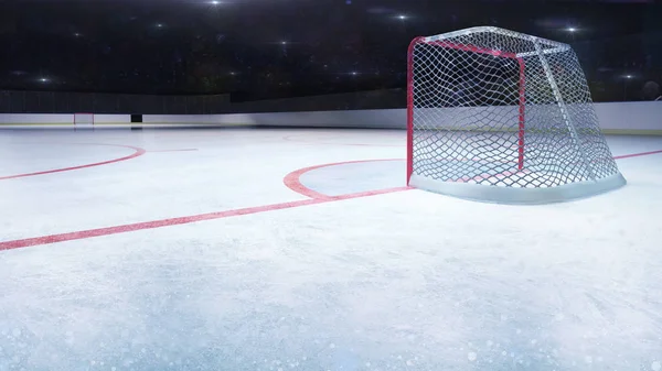 Buz Hokeyi Stadyumu Hedef Genel Görünümü Kamera Arkasında Arkasında Yanıp — Stok fotoğraf