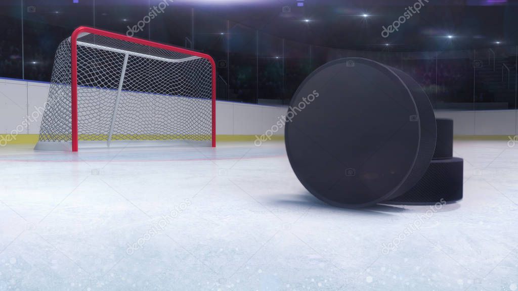 ice hockey stadium and goal gate with puck front and camera flash behind, ice hockey and skating stadium indoor 3D render illustration background