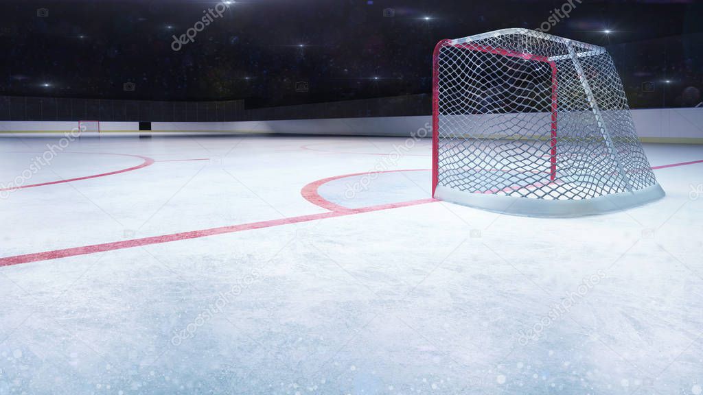 ice hockey stadium behind goal general view and camera flashes behind, hockey and skating stadium indoor 3D render illustration background