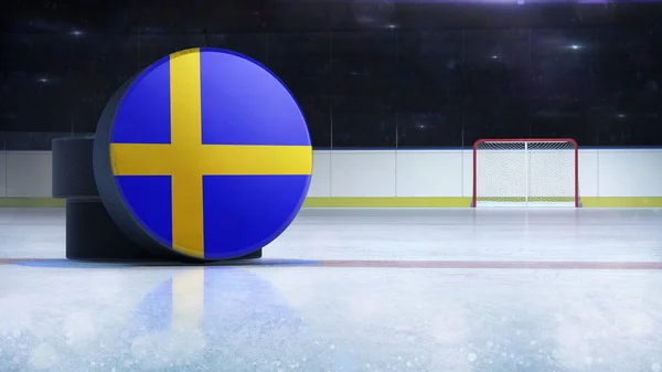 hockey puck with Sweden flag side cover on ice rink with spectators, hockey arena indoor 3D render as national illustration background