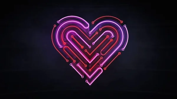 illuminated neon heart shape as integrated circuit background, artificial love and intelligence 3d illustration on dark background