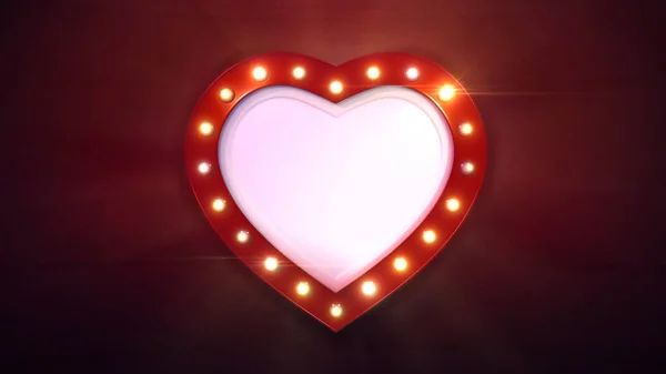 Rött Hjärta Form Gränsen Med Glänsande Glödlampor Mörk Bakgrund Kärlek — Stockfoto
