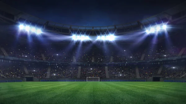 Stadion Piłkarski Grand Oświetlone Przez Reflektory Pusty Trawa Zielony Plac — Zdjęcie stockowe