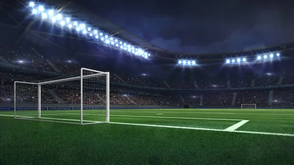 Stade Football Moderne Illuminé Par Des Projecteurs Herbe Verte Vide — Photo