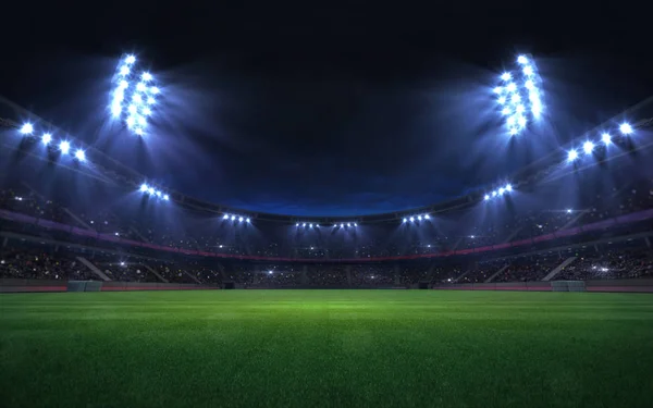 Estádio Grama Universal Iluminado Por Holofotes Vazio Campo Jogos Grama — Fotografia de Stock