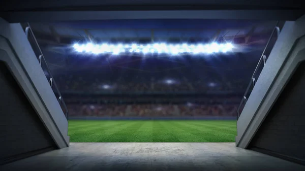 Ingången till upplysta Stadion full fans, football stadium sport tema digital 3d bakgrund reklam illustration — Stockfoto