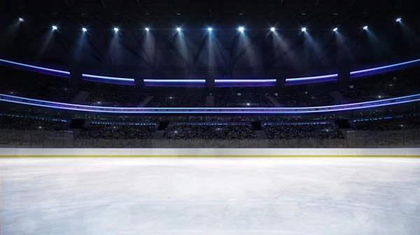 Prázdné ledové kluziště arena vnitřní pohled osvětlena bodovými světly — Stock fotografie