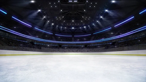 Empty ice rink arena inside view illuminated by spotlights — Stock Photo, Image