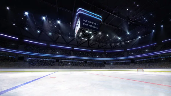 Boş buz hokeyi arena kapalı Bahçesi görünümü tarafından spot ışıklı — Stok fotoğraf