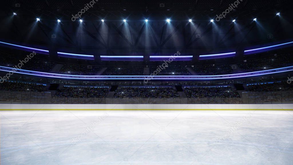 empty ice rink arena indoor view illuminated by spotlights